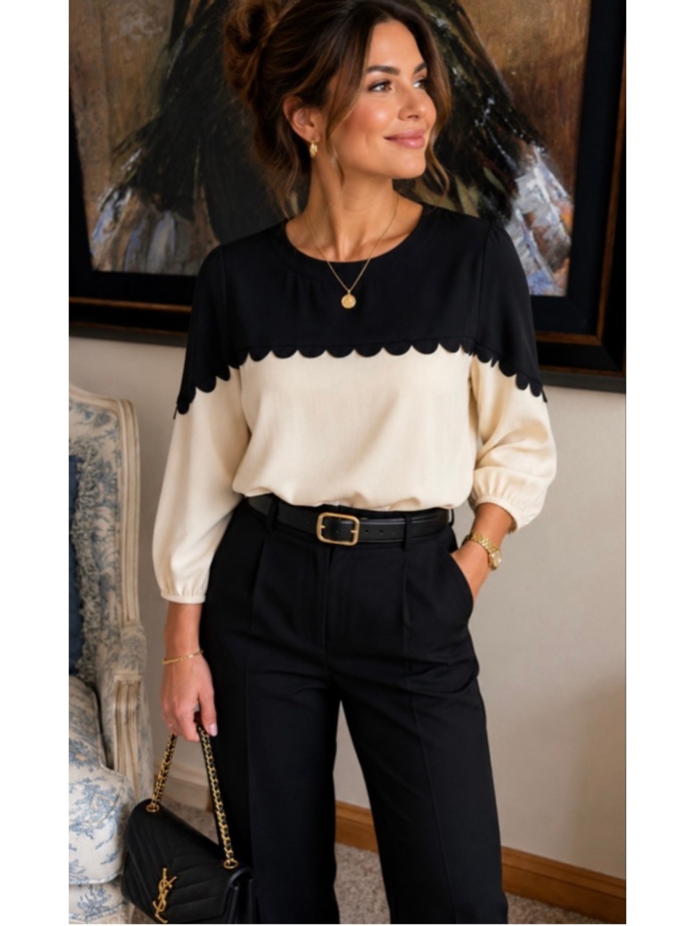NWT Women's Khaadi Black Off-White Scalloped Blouse Size 10